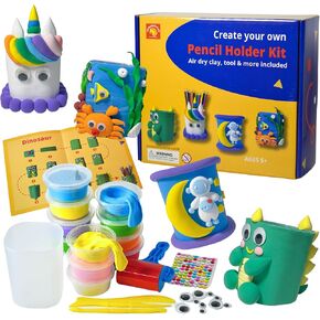 Awwaboutlife إنشاء مجموعة حامل القلم الرصاص الخاصة بك Air Clay Clay Craft Diy للأطفال البيروناليين النشاط الفني مجموعة العطلة هدية عيد ميلاد Dinasour Unicorn Sea Animals Boys and Girls 5+