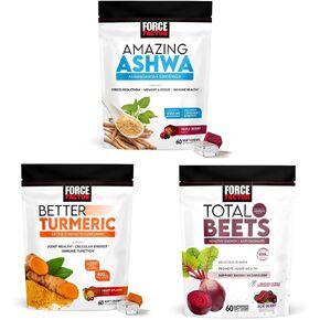 Force Factor Ashwa Ashwa لتخفيف الإجهاد + دعم مفاصل أفضل الكركم + البنجر الكلي للطاقة الصحية في القلب المضغات (60 مضغ لكل منهما)