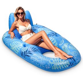 JOSEN Inflatable Pool Float Adult, Pool Float Lounger Raft Floaties Water Floating Chair with Cup Holders Backrest & Footrest for Swimming Pool, Lake & Beach Party -Bule