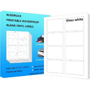 Glossy White Name Tag Stickers, 2-1/3" x 3-3/8" Waterproof Rectangle Labels, 8 Up Printable Vinyl Lalebs for Laser or Inkjet Printers, 20 Sheets 160 Total Permanent Adhesive Labels