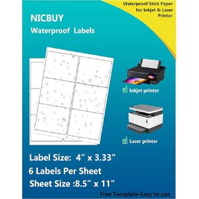 4x3-1/3 inch Printable Matte White Waterproof Vinyl Sticker Labels,120 Pcs Bottle Labels for Inkjet or Laser Printer