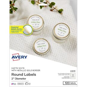 Avery Printable Round Labels, 2" Diameter, Matte White with Metallic Gold Borders, Permanent Adhesive, 120 Blank Labels, Great for Weddings, Showers, Holidays, and More (22875)