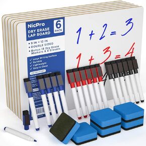 Nicpro 6 Pack Dry Erase Board Board Kid Double -Side Small Whiteboard 9 × 12 بوصة مع 18 أقلامًا و 6 محواة تعلم اللوازم المدرسية ذات اللون الأبيض المحمول للطلاب والفصول الدراسية