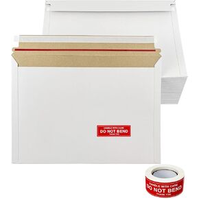 100 Pack 12.8x9.2" Rigid Mailers Cardboard Envelopes, Photo CD Mailers Shipping Envelope for Trading Cards with "DO NOT BEND" Labels, Small Stay Flat Self Seal Document Envelope - White