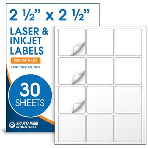 2 1/2 "× 2 1/2" ملصقات قابلة للطباعة مربعة متوافقة مع طابعات الحبر والليزر - 250 ورقة ، 3000 ملصقات ورقية بيضاء غير لامعة لرموز QR ، الرموز الباركية ، وتصميمات الشعار - Spartan Industrial