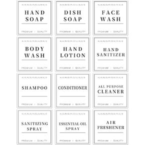 12 PCS Waterproof Glass/Plastic Bottle Labels - Farmhouse Bathroom/Kitchen Hand Soap Dispenser Label Stickers, Removable Cleaning Labels for Lotion, Shampoo and Conditioner
