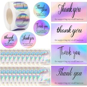 620PCS Thank You Cards and Stickers Set, Holographic Silver Thank You Business Card 500 Piece 1.5 inch Thank You Roll Labels 20PCS Smell Proof Mylar Bags for Business Owners