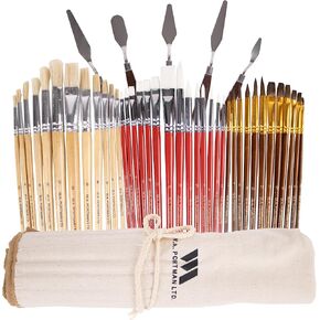 WA Portman 38-pc Professional Acrylic Paint Brush Set with 5 Palette Knives - Versatile Acrylic, Watercolor, Gouache and Oil Paint Brushes with Case - Art Brush Set