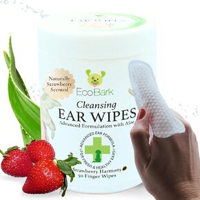 مناديل إصبع الأذن الطبيعية Ecobark للكلاب - أذن الكلب منظف الفراولة معطرة - مناديل الأذن مع وسادة الأصابع في محلول الأذن - لوازم الاستمالة اللطيفة لتهدئة حكة الأذن - تطهير الأوساخ بعيدًا