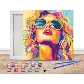 Bimkole Framed Paint by Numbers Kit for Adults Curly-Haired Woman, DIY Oil Painting on Canvas with Frame, Sunglasses Paint by Numbers Set for Home Wall Decor 8x8 Inch/20x20 cm