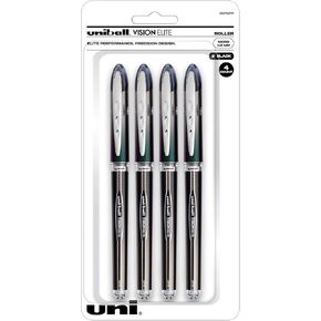 Uni-Ball® Vision ™ Elite ™ Liquid Ink Rollerball Gens ، Microtip ، 0.5 مم ، برميل أسود ، حبر أسود ، حزمة 4