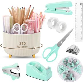 Office Accessories, 10Pcs, 360-Degree Rotating Pen Holder, Office Supplies Include Stapler, Tape, Tape Holder, Scissors, Ruler, Staple Remover, 1 Box of Staples, Paper Clips Kit for Office School