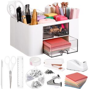 11 Pcs White Office Supplies Set Multi-functional Pen Organizer and Accessories with Tape Holder, Stapler, Staple Remover, Staples, Tape, Clips Set, Ruler, Scissor, Pen, Sticky Notes