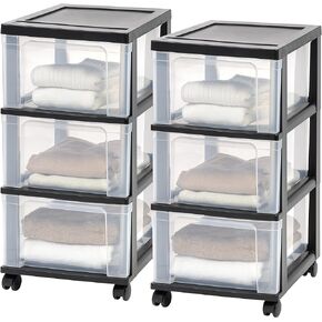 IRIS USA Plastic 3-Drawer Storage Organizer Rolling Cart, with Wheels Casters, 2-Pack, for Classroom Art Supplies Dresser Closet Bathroom Dorm Bedroom Laundry Room, Slim Narrow, White/Clear
