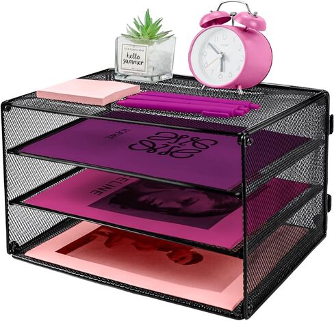 3 Tier Lettrer Tray Organizer, Metal Mesh Desk File Organizer with Sliding Trays, Paper Sorter Desk Organizer for Home Office School, Black in Kuwait