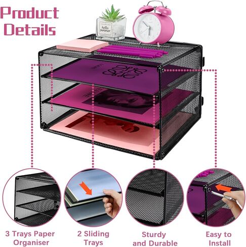 3 Tier Lettrer Tray Organizer, Metal Mesh Desk File Organizer with Sliding Trays, Paper Sorter Desk Organizer for Home Office School, Black in Kuwait