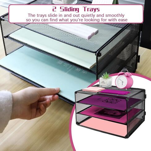 3 Tier Lettrer Tray Organizer, Metal Mesh Desk File Organizer with Sliding Trays, Paper Sorter Desk Organizer for Home Office School, Black in Kuwait