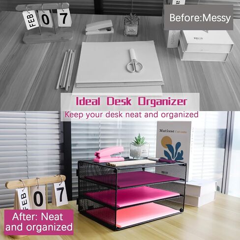3 Tier Lettrer Tray Organizer, Metal Mesh Desk File Organizer with Sliding Trays, Paper Sorter Desk Organizer for Home Office School, Black in Kuwait