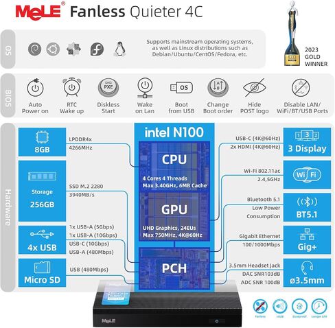 MeLE Quieter3C Fanless Mini PC. Windows 11 Pro Celeron N5105 8GB 128GB, Micro Computer Full Function Type C PD3.0, Small Form Factor Desktop WiFi6 Ethernet PXE Unlock BIOS Industrial Office Media in Kuwait