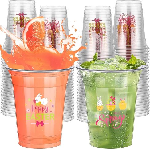 Pinkunn 100 Pcs Easter Party Cups 12 oz Happy Easter Disposable Plastic Bunny Clear Cups Coffee Hot Cold Drinks for Spring Party Decorations Supplies(Delicate Style) in Kuwait
