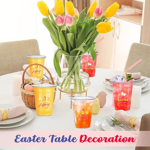 Pinkunn 100 Pcs Easter Party Cups 12 oz Happy Easter Disposable Plastic Bunny Clear Cups Coffee Hot Cold Drinks for Spring Party Decorations Supplies(Delicate Style) in Kuwait