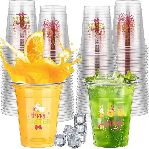 Pinkunn 100 Pcs Easter Party Cups 12 oz Happy Easter Disposable Plastic Bunny Clear Cups Coffee Hot Cold Drinks for Spring Party Decorations Supplies(Delicate Style) in Kuwait