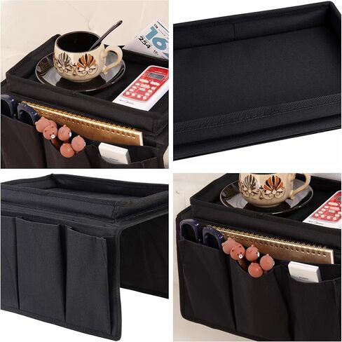 منظم مسند ذراع الأريكة مع حامل الكأس بدون انزلاق أريكة أريكة منظم الأريكة حامل التحكم في العلبة عن بُعد مع 1 جيوب كبيرة و 3 جيوب صغيرة لمجلات الهاتف الذكي iPad مشروبات (أسود) in Kuwait