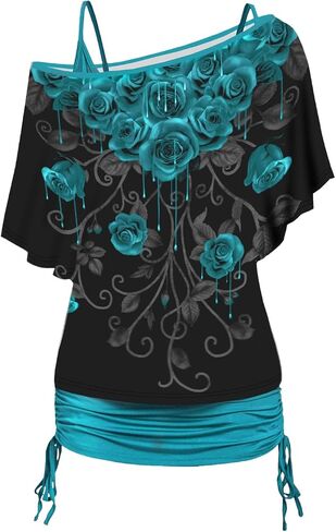 DRESSFO Women's Skull and Slogan Print Oblique Shoulder T Shirt and Cinched Ruched Tank Top Set in Saudi Arabia