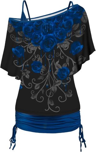 DRESSFO Women's Skull and Slogan Print Oblique Shoulder T Shirt and Cinched Ruched Tank Top Set in Saudi Arabia