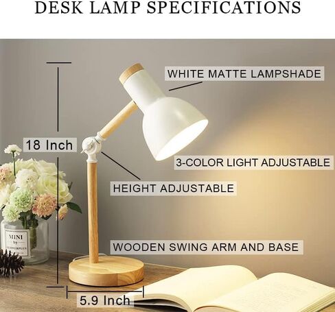 LED White Desk Lamps for Home Office, 3-Color Dimmable White Table Lamp for Bedroom, Wood Desk Lights for Dorm Roomb, Desktop Lighting, Tabletop in Saudi Arabia