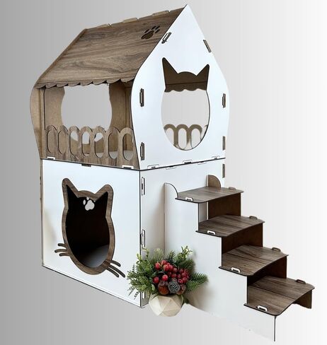 Indoor Wooden Cat House – 2-Story Spacious Cat Shelter – Modern White Finish – Sturdy, Lightweight and Easy to Assemble – Perfect for Cats, Small Dogs, and Rabbits in Kuwait