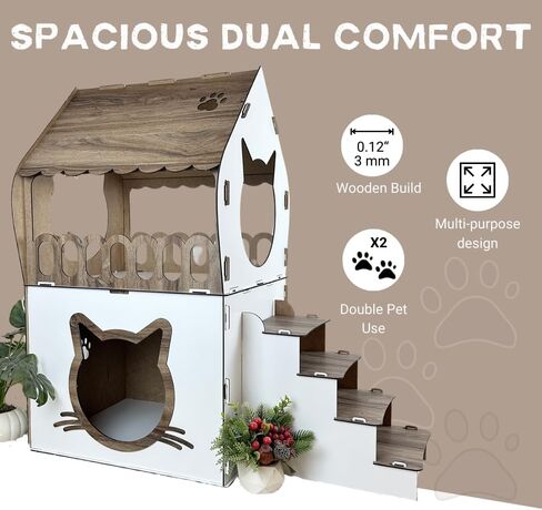 Indoor Wooden Cat House – 2-Story Spacious Cat Shelter – Modern White Finish – Sturdy, Lightweight and Easy to Assemble – Perfect for Cats, Small Dogs, and Rabbits in Kuwait
