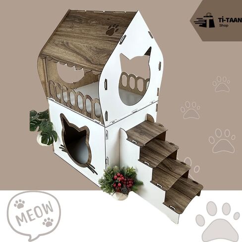 Indoor Wooden Cat House – 2-Story Spacious Cat Shelter – Modern White Finish – Sturdy, Lightweight and Easy to Assemble – Perfect for Cats, Small Dogs, and Rabbits in Kuwait