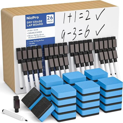 Nicpro 6 Pack Dry Erase Lap Board Kid Double Sided Small Whiteboard 9 x 12 inches with 18 Pens and 6 Erasers Learning Mini White Board Portable Bulk School Supplies for Student and Classroom Use in Kuwait