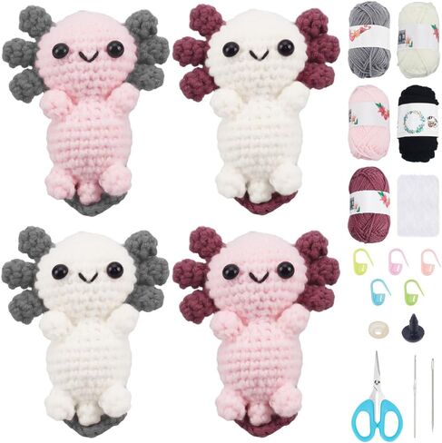 FreeBloss 4 مجموعة الكروشيه Kit Crochet Axolotl خيوط الكروشيه وخطاف مجموعة كروشيه Starter Kit مع فيديو تعليمي كروشيه طقم طقم للبالغين المبتدئين المتحمسين المتحمسين in Kuwait