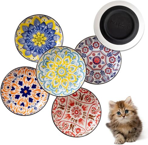Non-Slip Cat Bowls, Ceramic Wide Pet Food Bowl Set for Relief Whisker Fatigue, 6 Pack Colorful Kitten Feeding Dishes Plates with Anti-Slip Silicone Base-Microwave and Dishwasher Safe, 8.5 oz in Kuwait