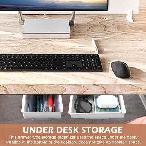 HONUTIGE Under Desk Drawer, 2 Pack Large & Small Under Desk Organizer Self-Adhesive Drawer for Under Desk Slide Out Under Table Storage Attachable Under Desk Storage for Office, Classroom, Home Black in Kuwait