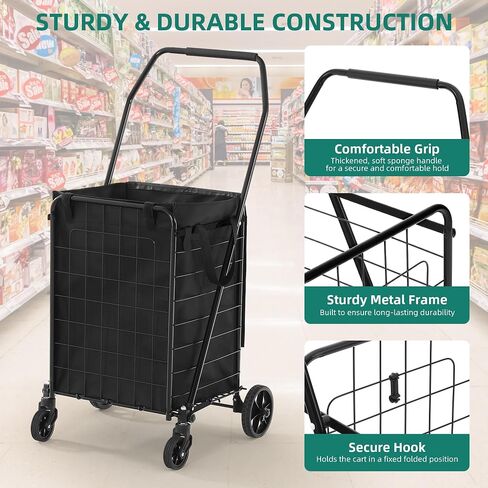 YITAHOME Folding Shopping Cart with Liner, Foldable Grocery Cart with Wheels for Seniors, Portable Collapsible Utility Carts for Shopping, Groceries, Laundry & Storage in Kuwait