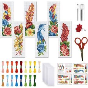 FREEBLOSS 6 Set Cross Stitch Bookmark Kits Feathers Pattern Stamped Cross Stitch Kit DIY Embroidery Kit Bookmark Craft Kit with Instructions for Beginners 6x20cm