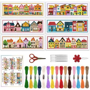 ORIGACH 6 Set Small Houses Cross Stitch Bookmark Kits for Beginner, Little Town Stamped Cross Stitch Kits with Instructions for Adults Bookmarks Lovers