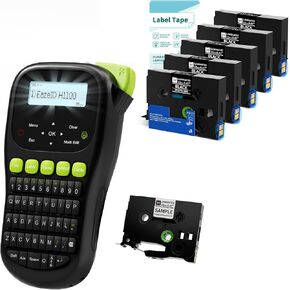 H1100 Label Maker Machine with 6PK Black Tapes Laminated, Black Label Maker with Keyboard, Handheld Labeler with Backlight Screen, Cabel Wire Label Maker for Industrial Home Office Use