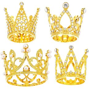 4 PCS Gold Crown Cake Topper ، Mini Birthday Tiara Crown Crystal Pearl Vintage Tiara Small Baby Baby Princess Kueen Cake Crown لترتيبات الزهور ديكور حفل الزفاف (الذهب)