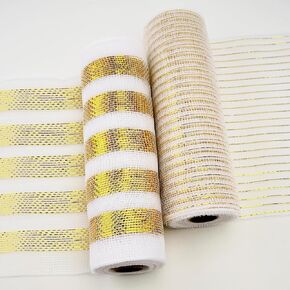 KINGLAKE White Christmas Mesh Ribbon 10 Inch x 30 Feet(10Yard) White Silver Striped Metallic Foil Ribbon 2 Rolls Sliver Deco Poly Mesh Ribbon for Xmas Tree Wreath Garland Swags Crafts Decoration