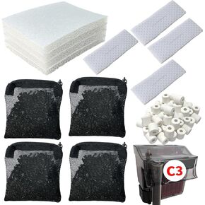 2 Aquarium Filter Media Kits Compatible with Fluval C3 (50 Gal) Aquarium, Includes 4 Sponge Filters, 4 Tarpaulins, 4 Activated Carbons, 1 Pack Ceramic Ring & 1 Small Sponge