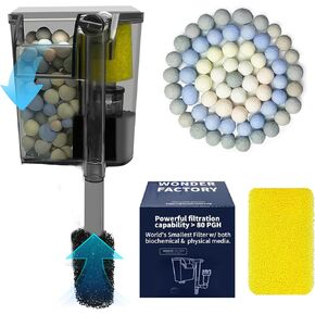 WonderFactory Small Aquarium Filter من 1 إلى 5 جالون خزان أسماك ، 80 GPH Hob شنق الظهر شملت الإسفنج السيراميك المواد البيولوجية تدفق مياه تدفق المياه