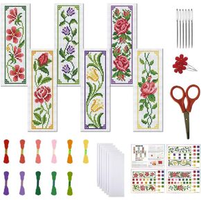 FREEBLOSS 6 Set Cross Stitch Bookmark Kit Cross Stitch Kit Vine Flowers Stamped Cross Stitch Bookmark with Instruction Cross Stitch Kits for Adults DIY Bookmark Kit 8.7''x3.15''