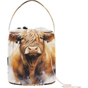 Wellday Highland Cow Portrait Bag Crochet Bag Bag Bag Lyarn Organizer ، حقيبة خيوط محمولة وحمل لمشروع الكروشيه ، كرة Skein المتجر ، إبرة الحياكة القصيرة