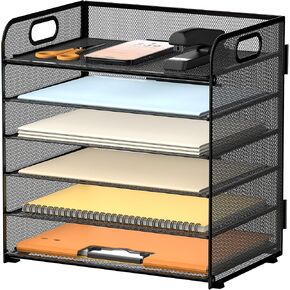 6-Tier Paper Letter Tray Organizer with Handle, Mesh Desk File Organizer, Metal Desktop Organizer for Home Office Supplies, Black