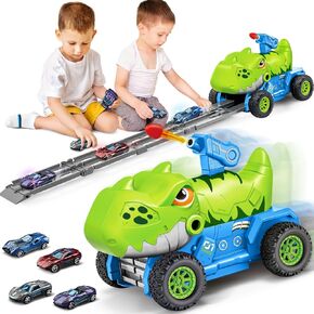 ألعاب Baingesk Dinosaur Truck لأولاد من 3 إلى 6 سنوات ، ومسار سباق 2.8 قدم مع 4 سيارات معدنية وبرج المنجنيق ، هدايا أعياد الميلاد للأطفال الصغار