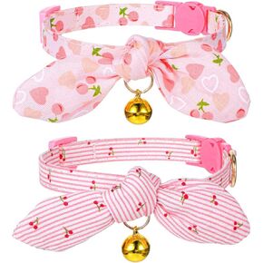 2 PCS Cotton Bowtie Cat Twhible مع جرس ، طوق هريرة الانفصال مع نمط الحب قلب الكرز مع القوس القابل للإزالة ، أطواق القطط الفتاة الوردي القابل للتعديل مع قفل السلامة لكلاب جرو هريرة